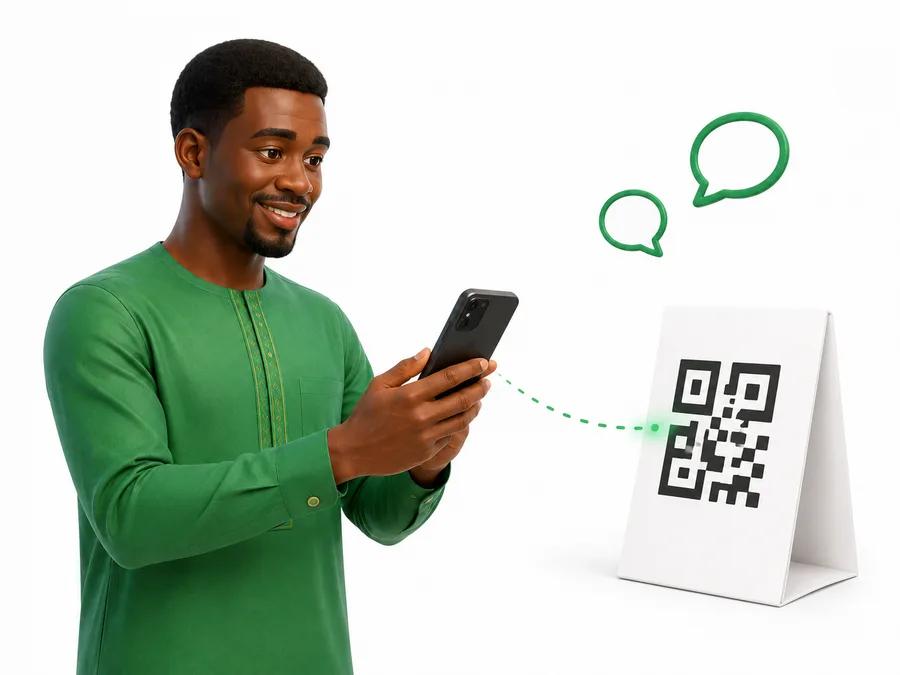 Un commerçant scanne un QR code avec son téléphone ; la conversation s'ouvre au-dessus sous forme de bulles de messages.
