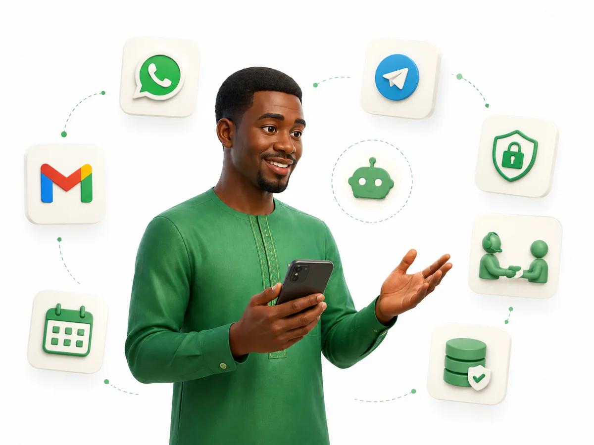 Un commerçant, téléphone en main, entouré des services que l'assistant relie : messagerie, agenda, sécurité des données et passage à un humain.